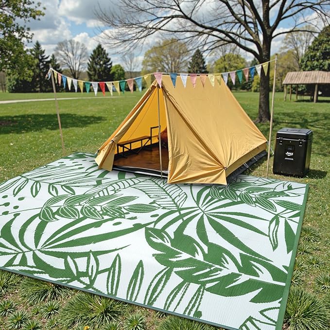 Anidaroel Leaf Outdoor Rugs 8x10ft for Patios Clearance Waterproof, Reversible Tropical Plastic Straw Camping Mat Outside Area Rug for RV, Backyard, Deck, Balcony, Picnic, Beach(Green,8'x10')