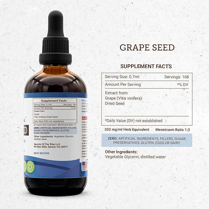 Secrets of the Tribe Grape Seed Tincture Alcohol-Free Extract, Grape (Vitis Vinifera) Dried Seed Tincture Supplement (4 FL OZ)