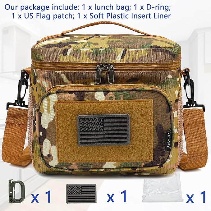 FlowFly Lunch Bag, Insulated Cooler, Thermal Lunch Box Tote with MOLLE/PALS Webbing, Adjustable Padded Shoulder Strap, for Tactical Men Women Adults and Boys Girls Kids (Multicam, Medium)