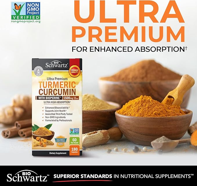 Turmeric Curcumin with Black Pepper Extract 1500mg - High Absorption Ultra Potent Turmeric Supplement with 95% Curcuminoids and BioPerine - Non GMO Tumeric Capsules for Joint Support - 180 Capsules