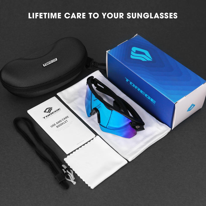 TOREGE Sunglasses for Men Women Bike Cycling Fishing Running Driving Hiking Baseball Anti-fog Sports Z87 Sunglasses UV Protection 02EV (Black Black&Iceblue)