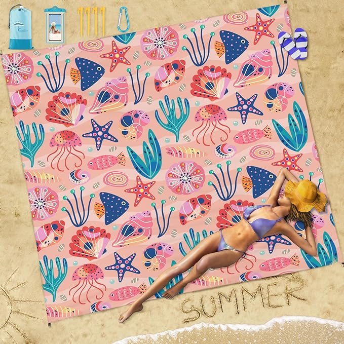 Beach Blanket Sandproof Waterproof 78''×110'' 1-7Adults Oversized,Compact Lightweight Durable Beach Mat for Travel Camping Hiking Picnic Blanket