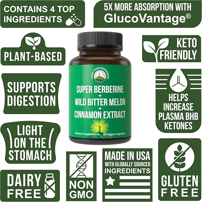 Ultra High Strength 4-In-1 Super Berberine Patented GlucoVantage® + Wild Bitter Melon + Cinnamon Extract + Chromium Picolinate Vegan Capsules. Great Supplement to Support After-Meal Spikes and Energy