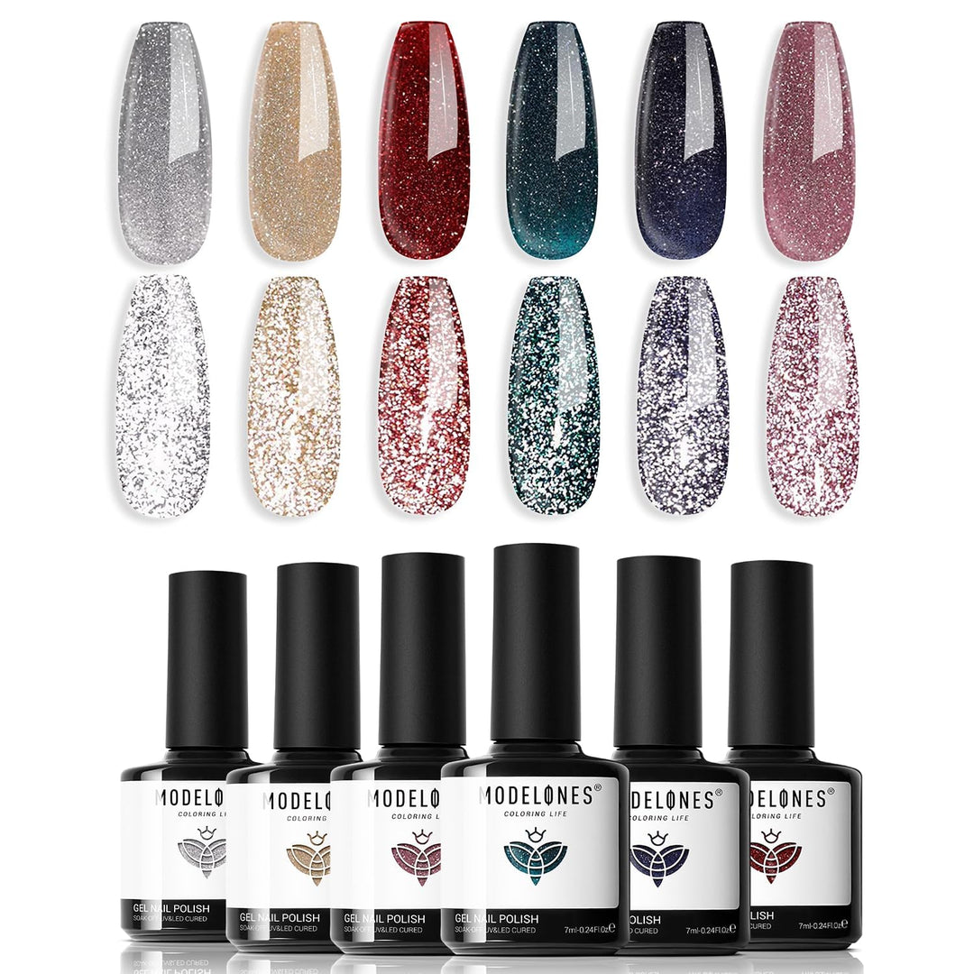 Modelones Reflective Glitter Gel Nail Polish Set Of 6 Colors Pink Red Black Silver Shimmer Sparkle Gel Polish Collection Kit Led