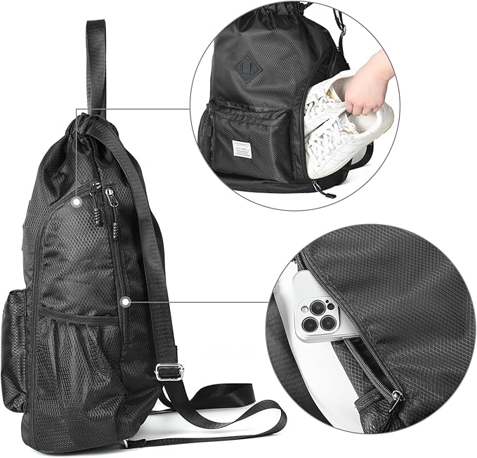 ALUSBELL Large Drawstring Backpack Bag, Sports Gym Bag String Sackpack with Shoes Compartment, Waterproof String Bag Cinch for Women Men(Black)