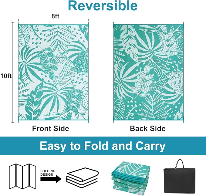 Anidaroel Leaf Outdoor Rugs 8x10ft for Patios Clearance Waterproof, Reversible Tropical Plastic Straw Camping Mat Outside Area Rug for RV, Backyard, Deck, Balcony, Picnic, Beach(Blue,8'x10')