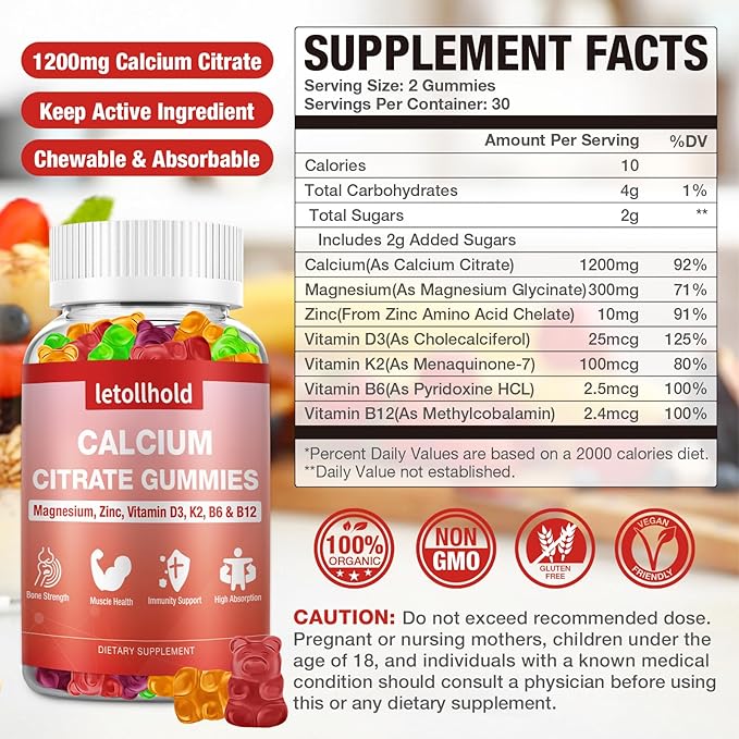 4 Packs Calcium Citrate Gummies for Kids & Adults, Sugar Free, Calcium Supplements with Vitamin D3, K2, Magnesium,Support Bone & Muscle