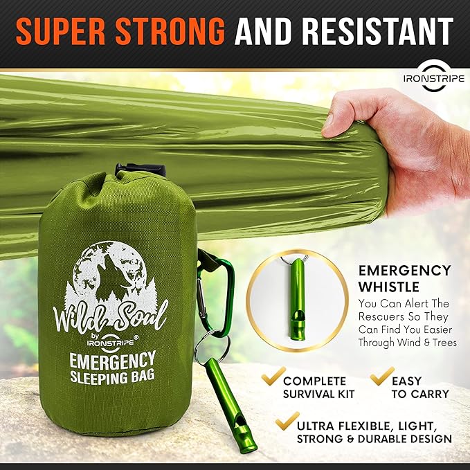 Bivy Sack Emergency Sleeping Bag – XL Waterproof Survival Sleeping Bag with Emergency Whistle, Built-in Hood & Thermal Mylar – Tear & Puncture-Resistant Emergency Bivy Bag