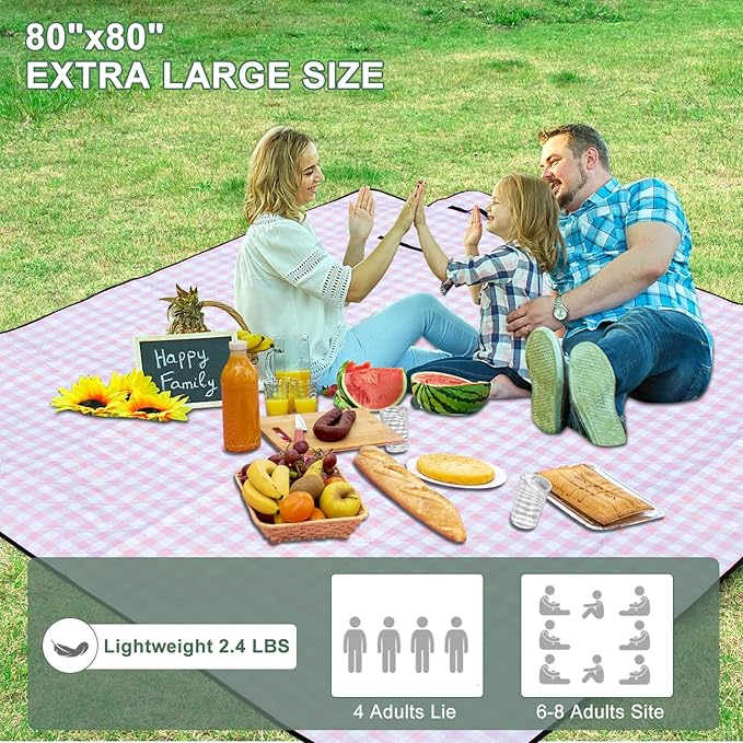 Picnic Blankets Waterproof Sandproof Foldable & Machine Washable, 80''x100'' Extra Large Beach Blankets, Simple Stylish Gingham Outdoor Blankets Grass Lawn Park for Family Camping Party