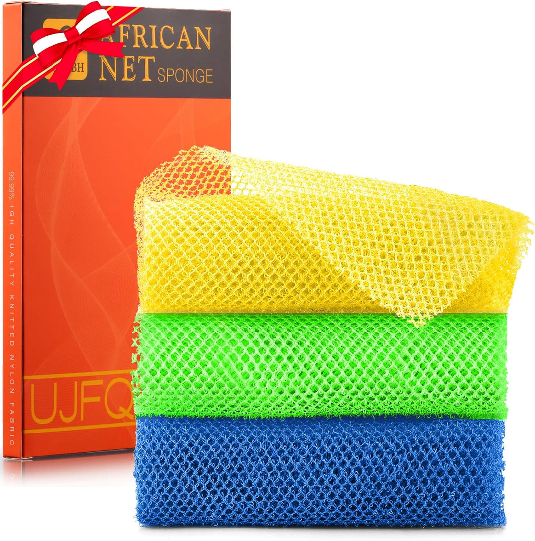 3-Piece African Net Bath Sponge Set | Exfoliating Body Scrubber | Blue