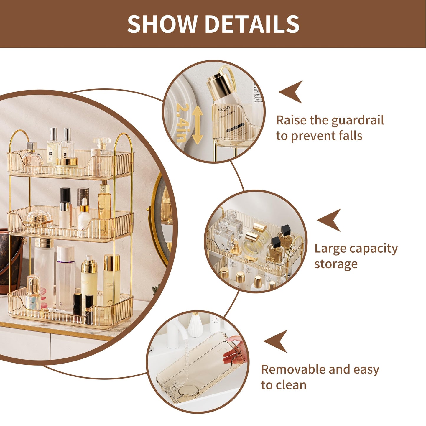 Bathroom Organiser Countertop, Vanity Trays for Bathroom, Skincare Makeup Organiser Shelf, Vanity Organiser, Bathroom Counter Shelf for Cosmetics, Toiletries, Lotions, Perfumes (3 Tiers, Amber)