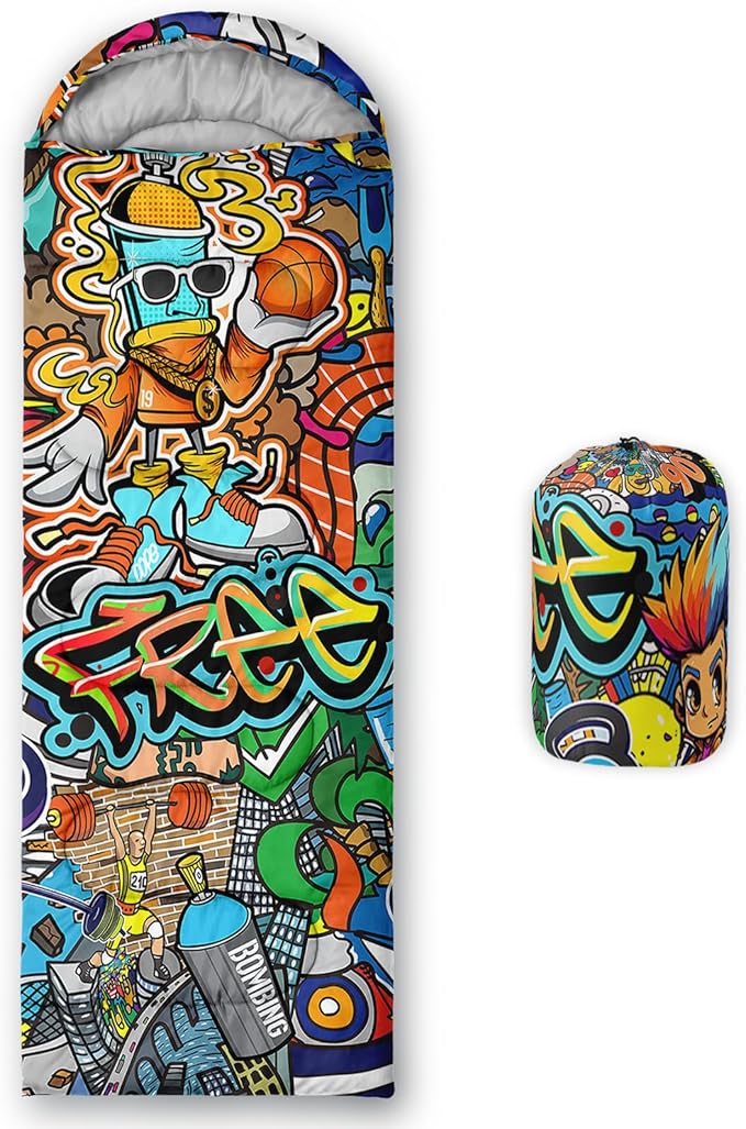 AILONEN Boys Sports Camping Sleeping Bags,Lightweight & Waterproof,3 Season Warm & Cool Weather,Black Player Basketball Sleeping Bags for Kids Adults,Travelling,Outdoors