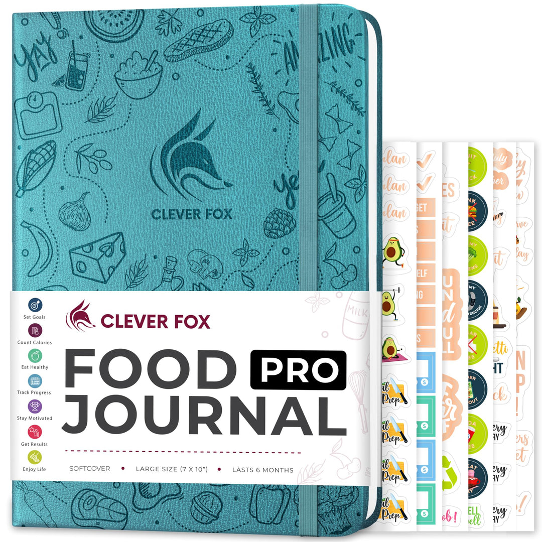 Clever Fox Food Journal Pro – Diet & Wellness Planner for Women & Men – Weight Loss Diary with Calorie Tracker – Food Log for Tracking Meals, Exercise & Weightloss - Undated, 7" x 10" Aquamarine