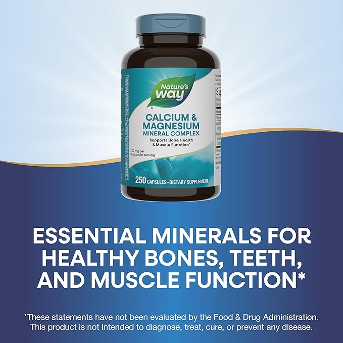 Nature's Way Calcium & Magnesium Mineral Complex, Supports Bone Health & Muscle Function,* 750 mg per 3-Capsule Serving, 250 Capsules (Packaging May Vary)