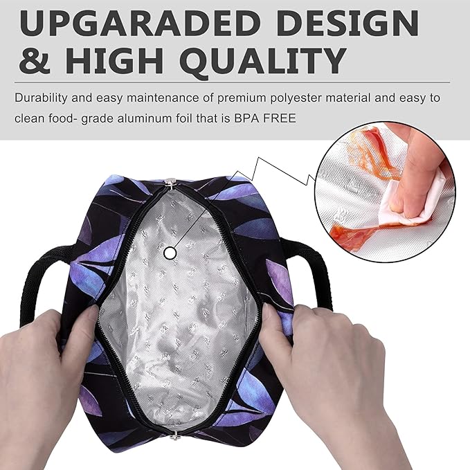 BALORAY Lunch Bag for Women Men Insulated Lunch Box for Adult Reusable Lunch Tote Bag for Work, Picnic or Travel (Blue Leaves)