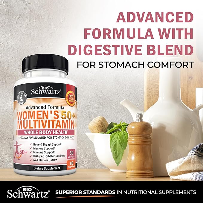 Daily Multivitamin for Women 50 & Over – Memory Support Supplement – Promotes Stress Reduction & Healthy Immune Response – Women's Multivitamin Supplement Designed for Stomach Comfort - 60 Capsules