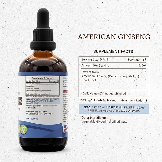 Secrets of the Tribe American Ginseng Tincture Alcohol-Free Extract, Farm Grown American Ginseng (Panax Quinquefolius) Dried Root Tincture Supplement (2x4 FL OZ)