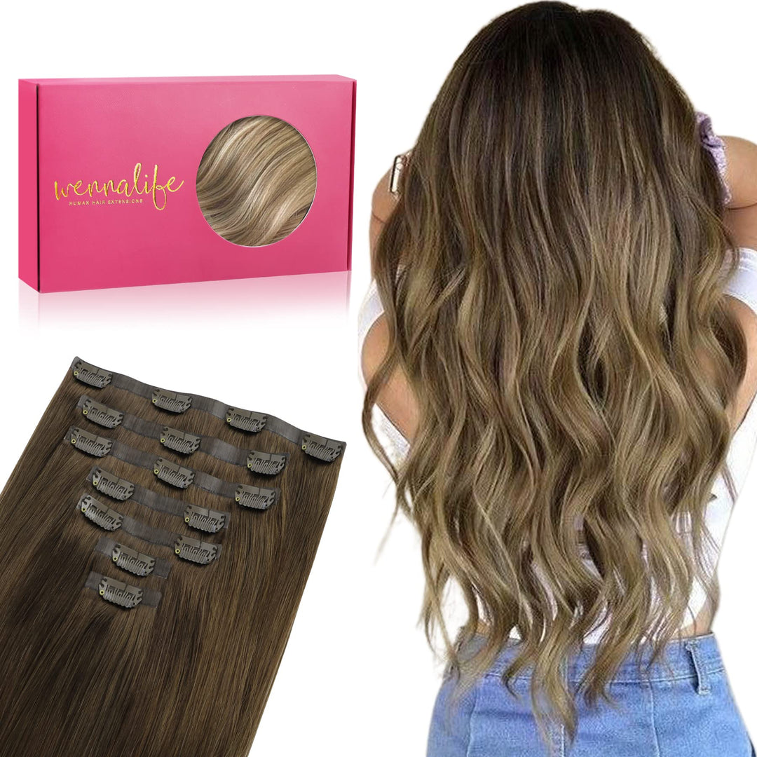 Wennalife Seamless Clip In Hair Extensions, 18 Inch 7Pcs 130G Ombre Walnut Brown To Ash Brown And Bleach Blonde, Invisible Pu We