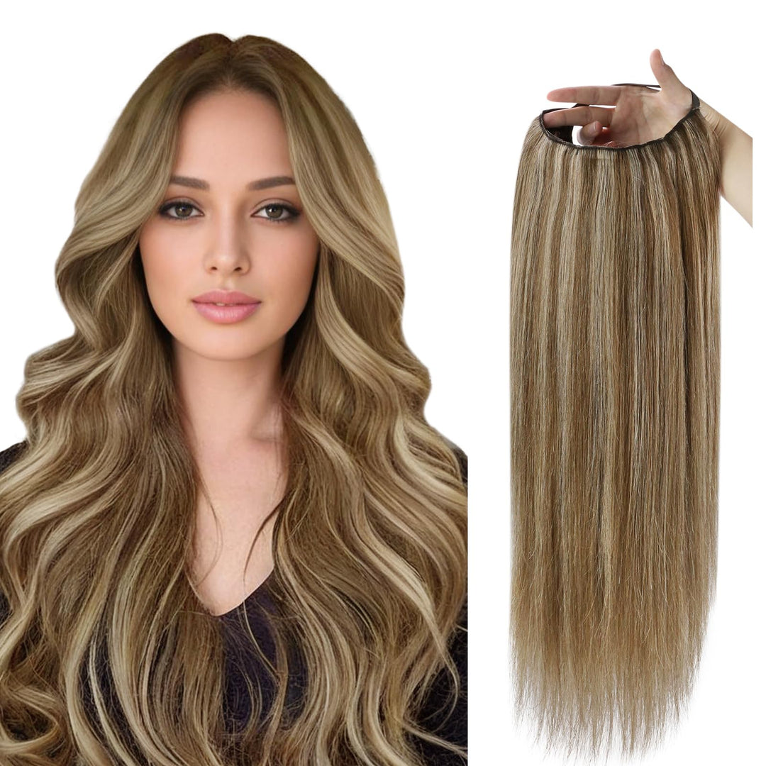 Full Shine U Part Human Hair Wig Brown Highlighted Honey Blonde Clip in U Half Wig Natural Glueless Straight Hair for Short Hair 12 Inch 100 Grams