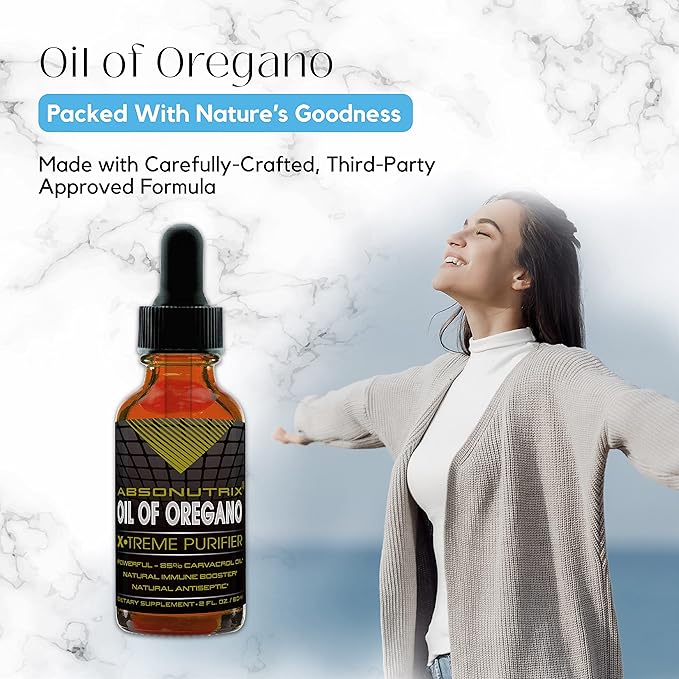 Absonutrix Oil of Oregano 43 mg, 540 Servings, 2 Oz Bottle, High Bioavailability, 85% Carvacrol Oil, Quick Absorption, Potent Ingredients, Cruelty-Free, Third-Party Tested, Non-GMO, Made in USA