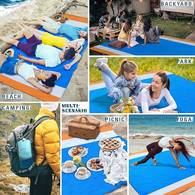 Beach Blanket Sandproof Waterproof 78''×81''1-5 Adults Oversized,Compact Lightweight Durable Beach Mat for Travel Camping Hiking Picnic Blanket