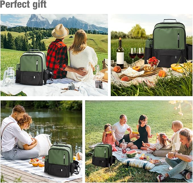 Couple Gifts 24L Picnic Basket Set, Green Insulated Picnic Backpack for 2, Leak Proof Cooler Camping Gifts, Cool Bridal Shower Gifts Anniversary Engagement Wedding Gifts for Couples, Mr and Mrs Gifts