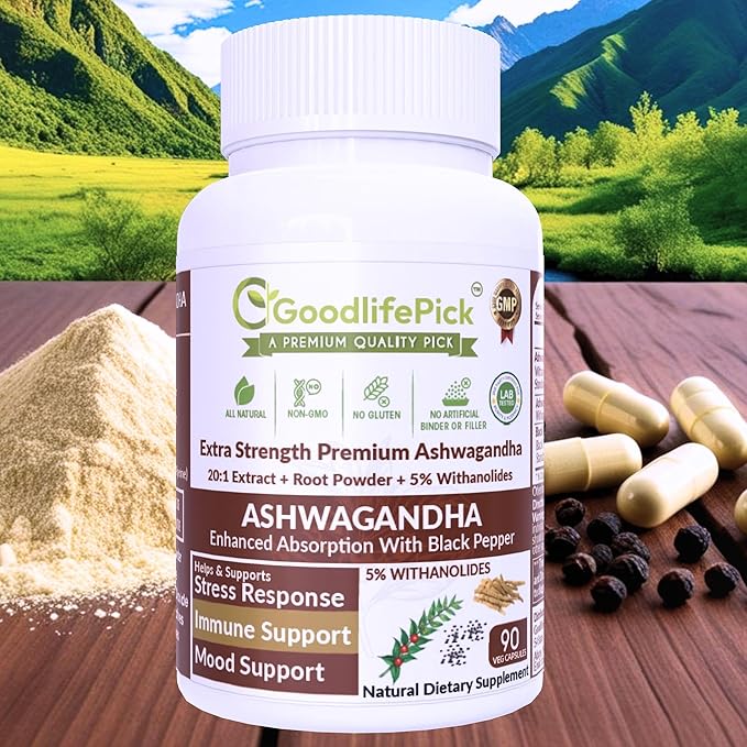 Ashwagandha Capsules with Black Pepper from Pure Ashwagandha Powder & 20:1 Ashwagandha Root Extract with Black Pepper 90 Veg Cap AllNatural NonGMO Vegan NO Rice Powder NO Gluten
