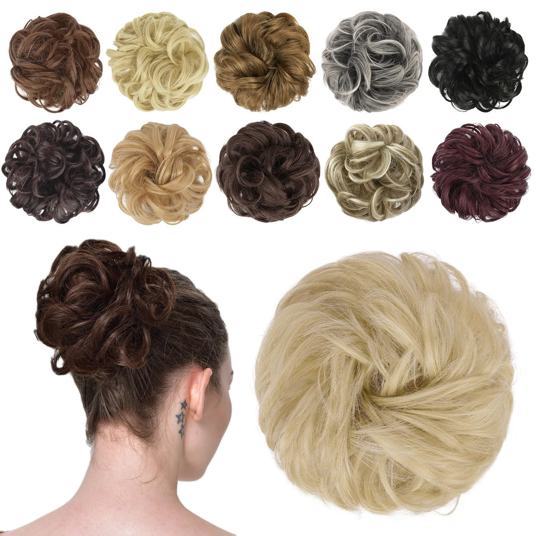 FESHFEN Messy Bun Hair Piece - Elastic Wavy Curly Hair Bun Scrunchies Extensions Synthetic Chignon Hairpieces for Women Girls, Ash Blonde 1 PCS