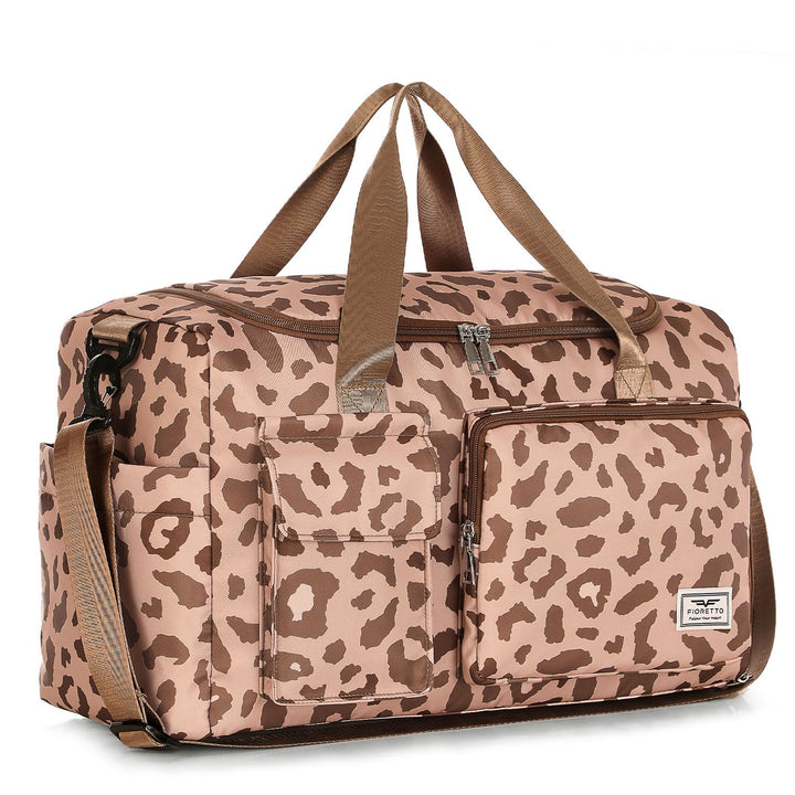 FIORETTO Women's Water-Resistant Gym Duffle Bag with Shoes Compartment, 37L Capacity, Multi-Functional, Ideal for Travel, Gym, Sports, Weekender, Leopard Print