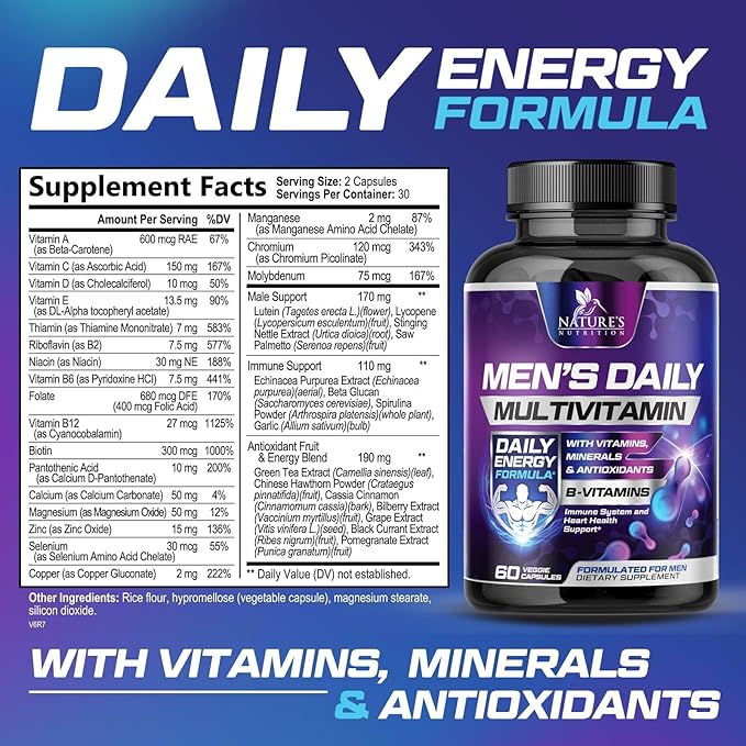 Multivitamin for Men - Mens Multivitamins for Daily Nutritional Support, Men's Multivitamin with Vitamin A, C, D, E, B12, Zinc & More, Immune Health & Energy Support Vitamins Supplement - 60 Capsules