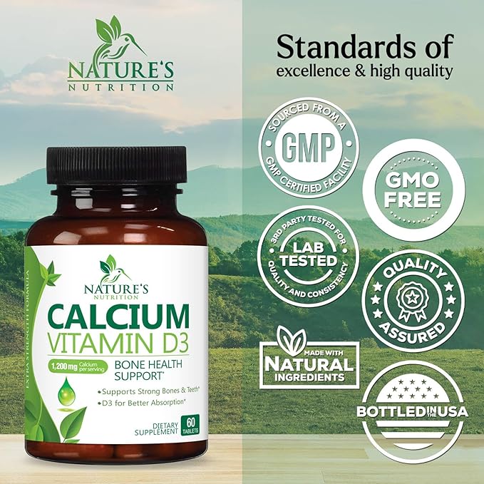 Calcium Supplement with Vitamin D - 1200 mg Calcium Carbonate with 1600 IU of D3 Vitamins - Supports Bone Strength, Teeth & Immune System - Natural & Easily Absorbable for Women & Men - 60 Tablets