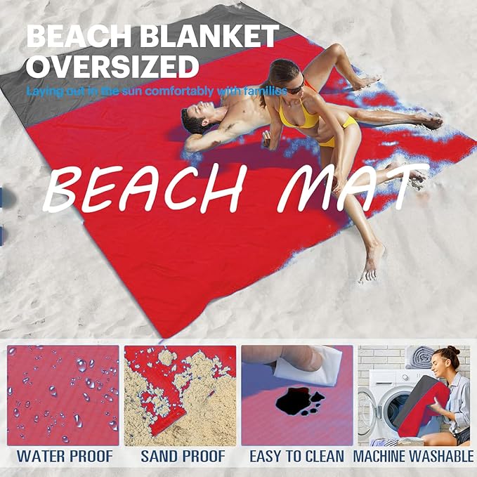 Beach Blanket Sandproof Waterproof, Beach Essentials Extra Large Beach Mat, 79" X 55" Oversized Durable Outdoor Picnic Mat Storage Bag for 1-4 Adults, Beach Accessories for Travel, Camping, Hiking