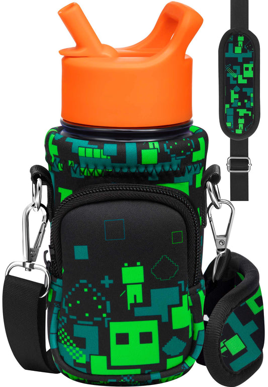 Miss Adola Water Bottle Carrier with Strap Cartoon Water Bottle Bags Holder for Kids Boys Girls Cute Neoprene Insulated Bottle Bag for 10/12/14/16/18Oz Stainless Steel Glass Bottles Sleeve, Green