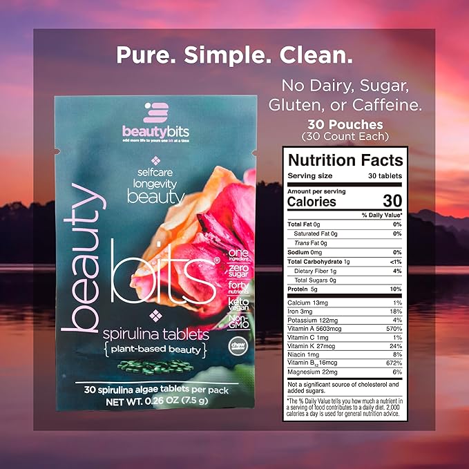 BEAUTYbits - Organic Spirulina Tablets - Algae Superfood - Collagen, Protein, Chlorophyll - Hair, Nails, & Skin Care - Vegan, Keto, Gluten Free - Self Care - Skincare Beauty - 30 Bags, 900 Tablets