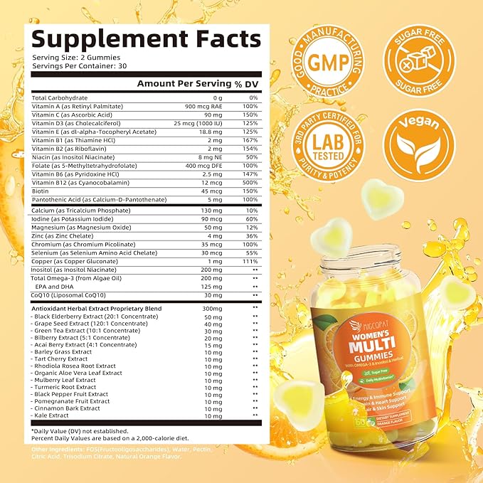 Multivitamin Gummies for Women w/Omega-3, Inositol, Folate, Biotin, Women Multivitamin Gummy w/Vitamins A, C, D3, E, B12 for Heart, Brain, Energy, Immune, Sugar Free, Orange Flavor, 60 Ct