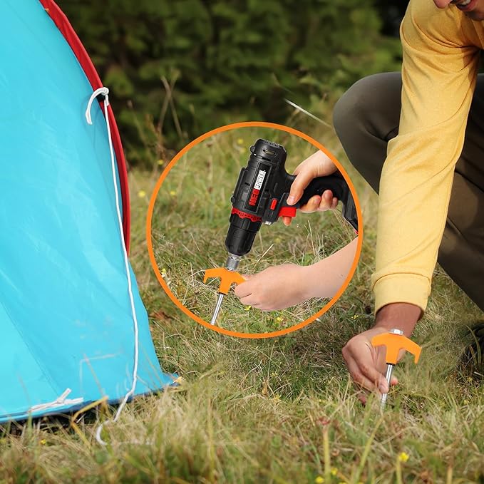 18 Tent Stakes Heavy Duty Metal Tent Stakes Screw in Camping Stakes with Luminous Head Ground Anchor Pegs Threaded Tent Spikes with Hex Head Driver and Storage Box, Orange