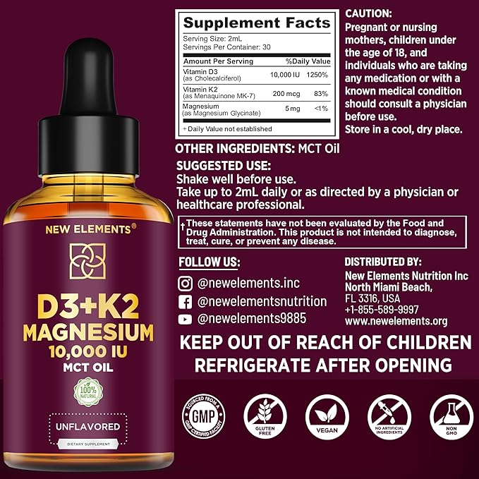 Liquid Vitamin D3 K2 10000IU with Magnesium Glycinate 5mg | VIT D3 K2 Drops for Adults | Mk7 Vitamin K2 100mcg | Vitamin D3 + K2 Supplement for Men & Women | Gluten Free | Non-GMO