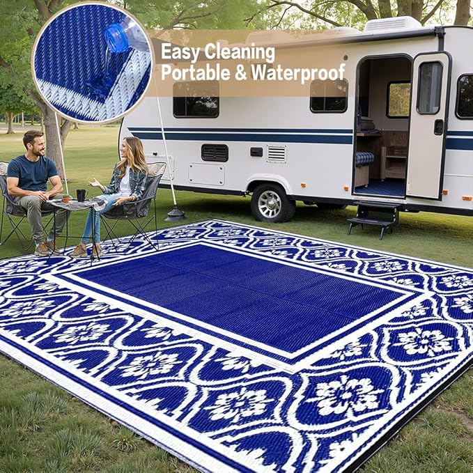 RV Outdoor Rug Waterproof Mat 9'x12' Camping Carpet Outside Area Rugs Reversible Light Blue Rugs for Deck Entryance Porch Picnic Balcony Beach