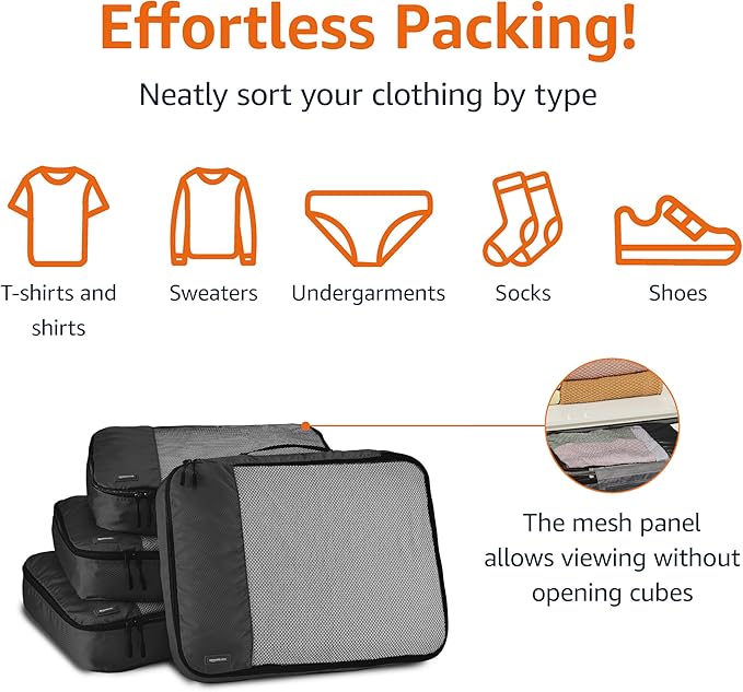 Amazon Basics Large Packing Cubes for Travel, Packing Organizers, 4-Piece-Set With Double Zipper Pulls and Mesh Top Panel, 100% Durable Polyester, Black, 17.5"L x 12.8"W x 3.3"H