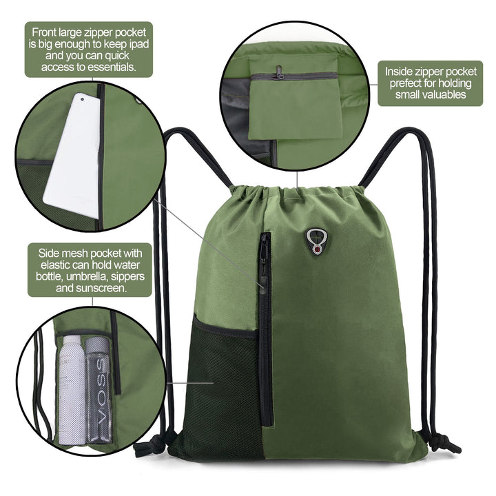 BeeGreen Green Drawstrings Backpacks Bags For Men String Backpack For Women With Water Bottle Pocket &Front Zippered Pocket Large Sackpack For Traveling Yoga Beach Outdoor Gym