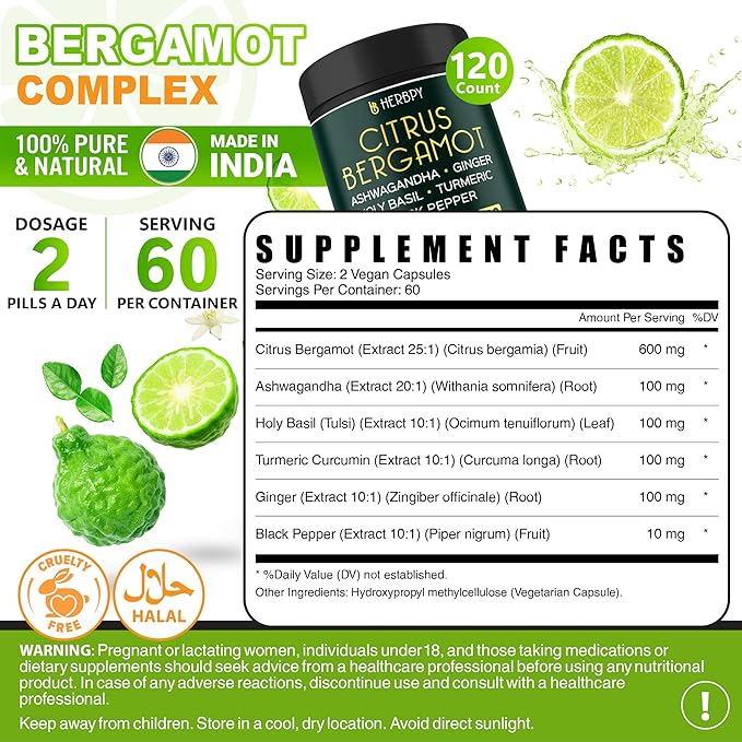 6in1 Citrus Bergamot Supplement with Ashwagandha, Holy Basil, Turmeric & Ginger Root - Healthy Aging, Immune & Relaxation - 120 Vegan Capsules