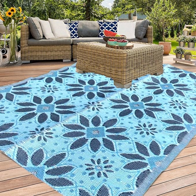 BalajeesUSA Outdoor Rug - 5x7 Sky Blue, Black, Grey, Reversible Recycled Plastic Straw Outdoor Patio Rugs Clearance Waterproof Large RV Camper Mats 287