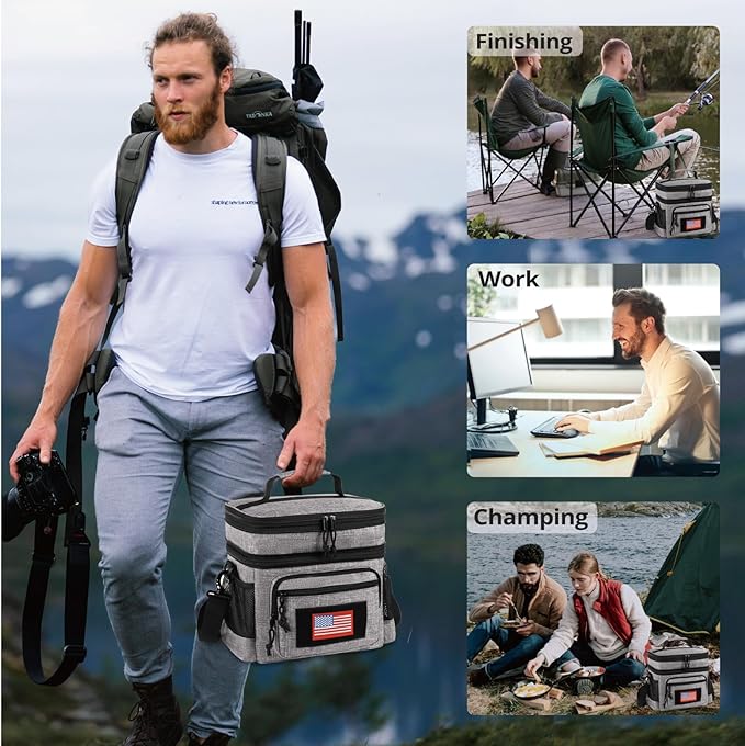 ATRIPACK Lunch Bag for Men, Double Deck Tactical Lunch Box Work with Shoulder Strap MOLLE Webbing Large Lunch Cooler Leakproof Insulated （Grey）