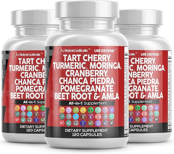 Clean Nutraceuticals Tart Cherry Extract Capsules with Turmeric Moringa Cranberry Chanca Piedra Celery Quercetin ACV Pomegranate L Selenomethionine - 3Pack