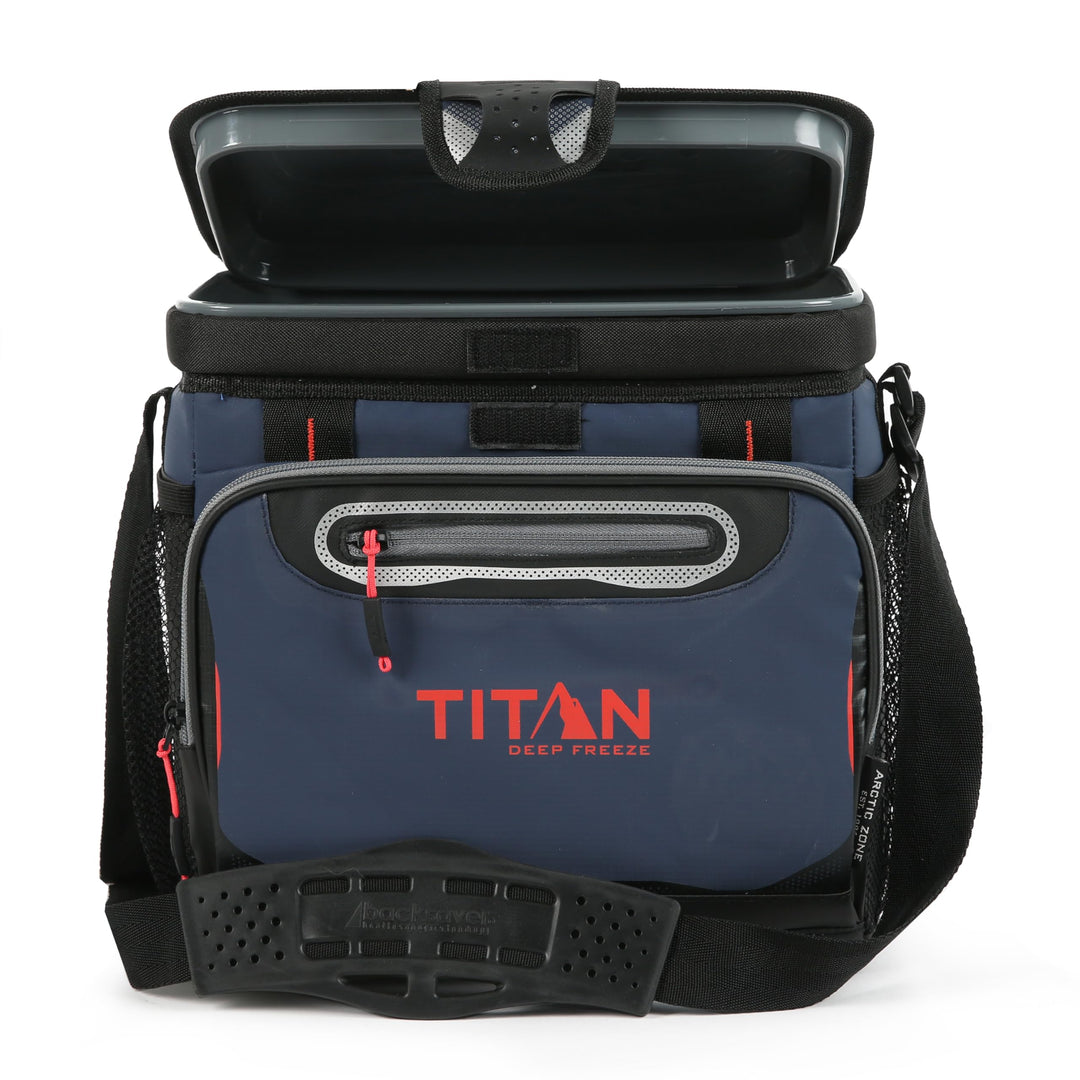 Titan Deep Freeze Cooler - 16 Can Zipperless Hardbody Cooler - Deep Freeze Insulation, HardBody Liner, and SmartShelf - Navy Blue