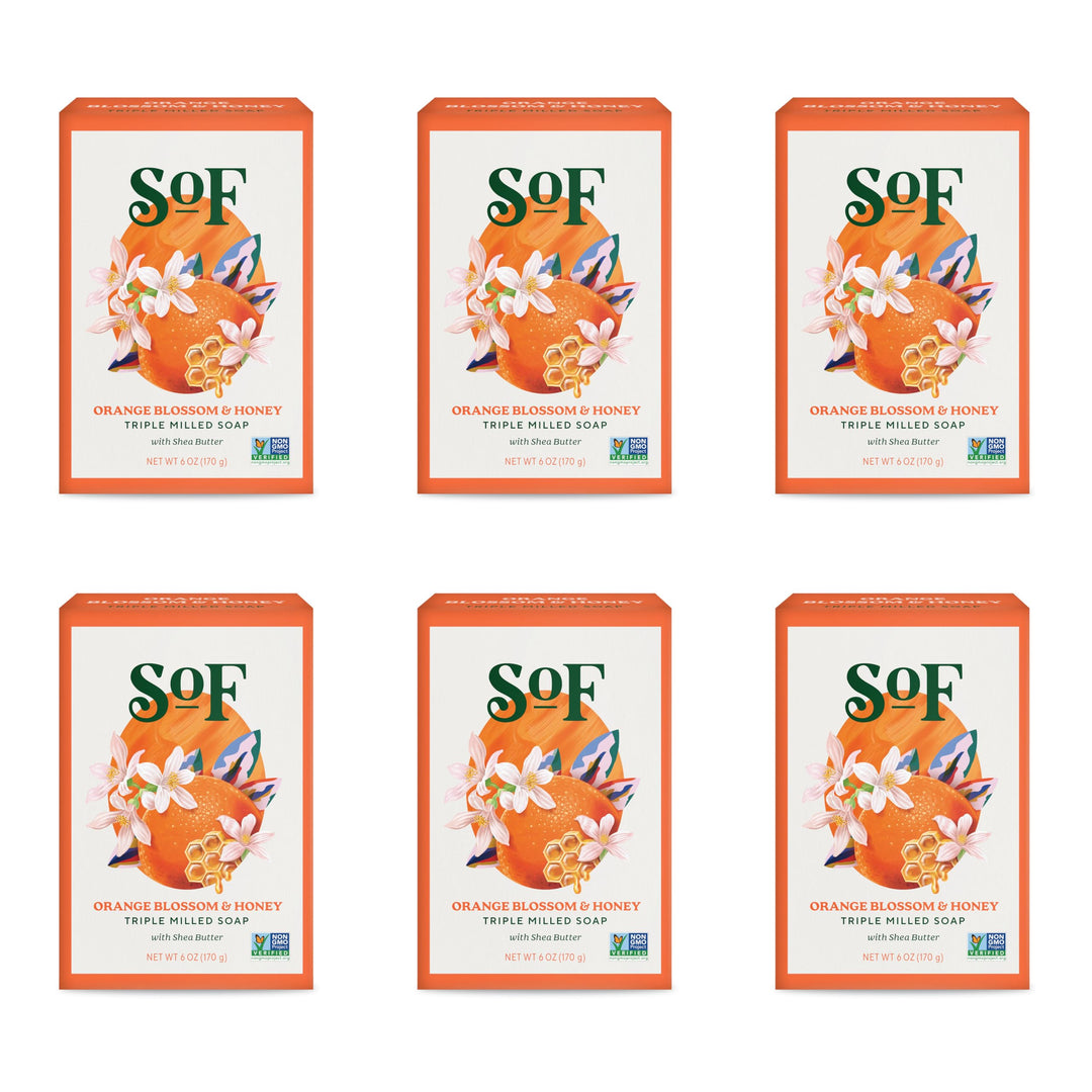 SoF Triple Milled Bar Soap - With Coconut Oil & Organic Shea Butter- Vegan & Non GMO- Free From Phthalates, Sulfates & Parabens- Orange Blossom & Honey - 6 oz Bar 6 Bars