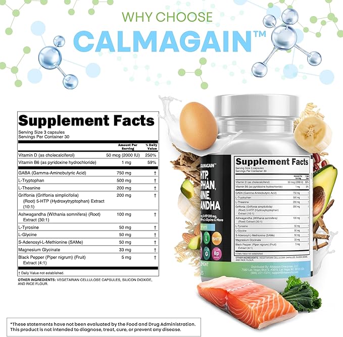 Clean Nutraceuticals GABA 750mg 5 HTP 200mg L Tryptophan 500mg L Theanine 200mg Ashwagandha SAM-e L-Glycine - Mood Support Vitamins for Women and Men with L-Tyrosine 5-HTP (5-Hydroxytryptophan)