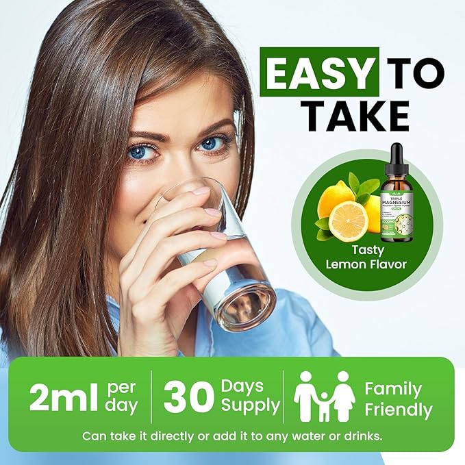 Magnesium Glycinate Liquid Drops with Taurate Citrate - Mangesium Supplement for Sleep, Stress Relief, Bone, Muscle - 2 Fl Oz, Vegan, Lemon Flavor