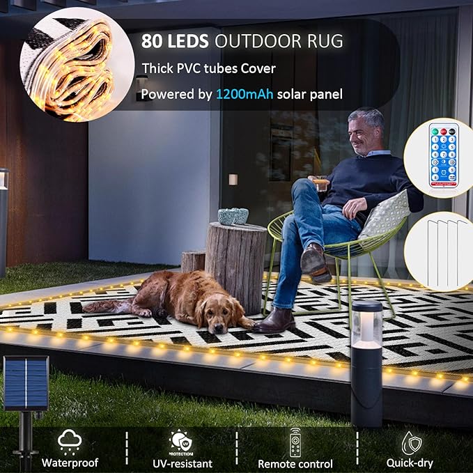 Outdoor Rug 5x8Ft, Solar Powered Outdoor Camping Rug with 80LEDs Strip Lights, Waterproof Plastic Reversible Outdoor Straw Rug Mat for RV Camping Patio Beach Balcony House Deck Picnic