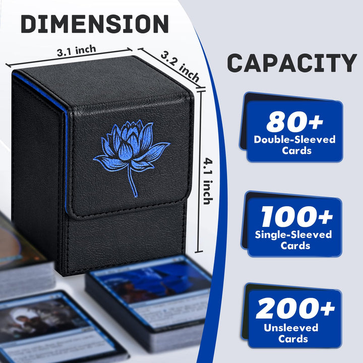 ZLCA Card Deck Box for MTG Cards with 2 Dividers, Card Storage Box Fits 100+ Single Sleeved Cards, PU Leather TCG Card Deck Case Holder for Magic Commander Yugioh (Black&Blue,Lotus)